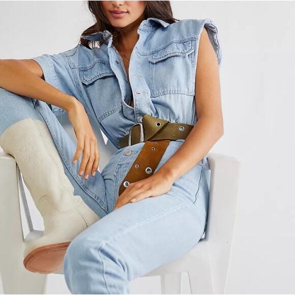 Free People Pants - Free People We The Free Boho Light Denim Coverall Jumpsuit Defined Waist Women S